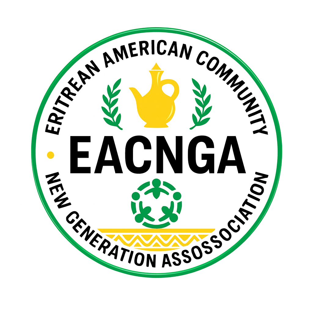 EACNGA logo: circular emblem with jebena (coffee pot), laurel branches, and interlinked people in green, blue, and gold